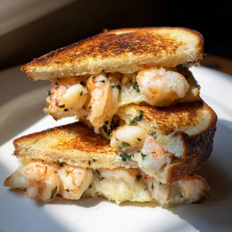 A close-up of a delectable Quick Shrimp Grilled Cheese, ready to serve with its crispy crust.