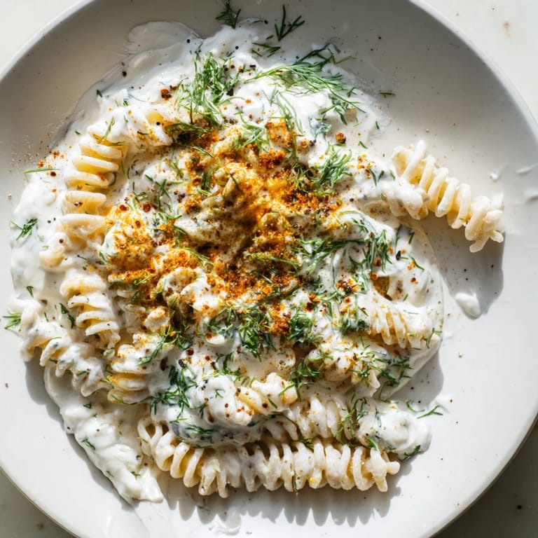 Top-down view of the Turkish Yogurt Pasta, a vegetarian delight with fresh herbs sprinkled atop.
