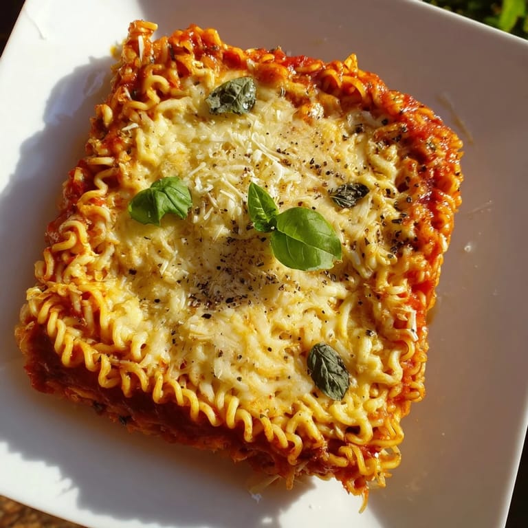 A warm, comforting close-up: homemade Ramen Lasagna boasting melted mozzarella cheese and crispy baked edges.