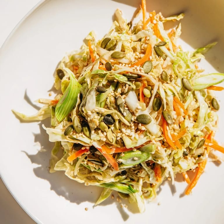 Close-up of Cabbage-Core Slaw Salad, showcasing the fresh, crisp textures and sesame dressing's sheen.