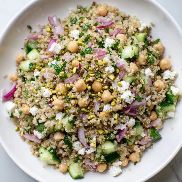 A colorful bowl of Jennifer Aniston Salad, full of chickpeas, herbs, and a zesty dressing.