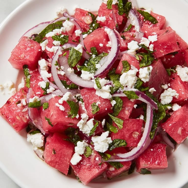 Fresh watermelon feta salad tossed with mint and lime dressing, perfect for warm days.