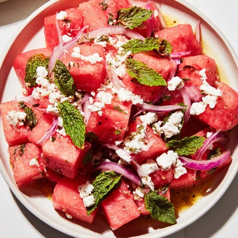 Close-up of a colorful watermelon feta salad, showcasing feta and red onion in a bowl.