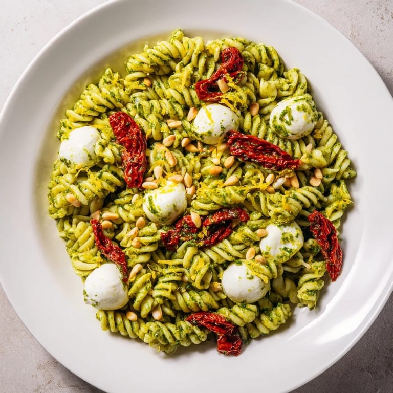 This colorful pesto pasta salad features creamy mozzarella and fresh pesto, ideal for a summer meal.