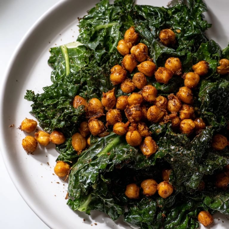 Golden-brown crispy chickpeas top a vibrant bed of warm kale salad, served with tangy lemon dressing.