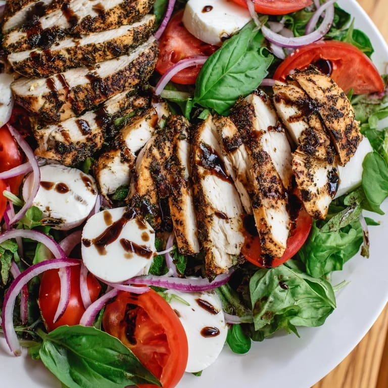 A beautiful Caprese Chicken Salad features grilled chicken with balsamic glaze in this meal.