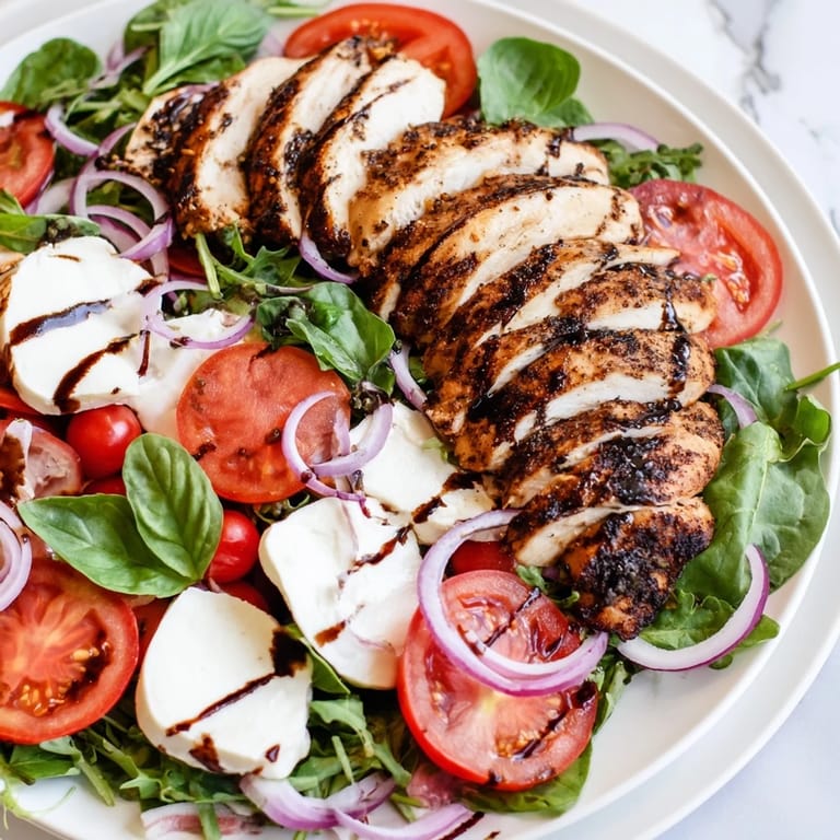 Enjoy a colorful Caprese Chicken Salad, with basil and mozzarella, perfect for a light lunch.