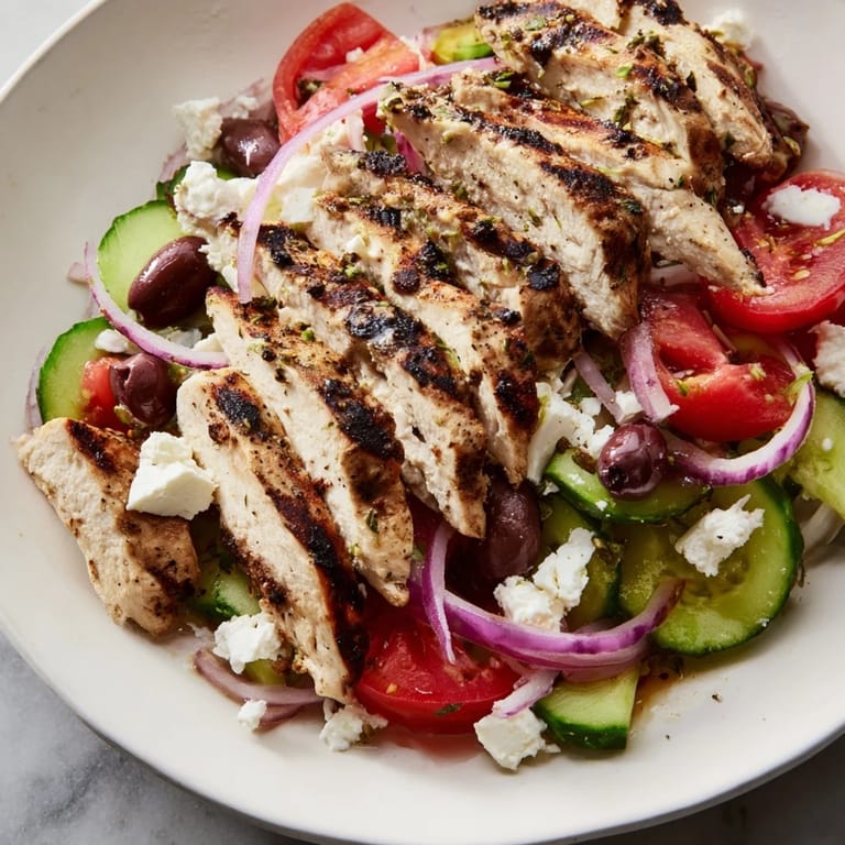 Tender grilled chicken tops a vibrant Greek salad, a perfect light, gluten-free meal.