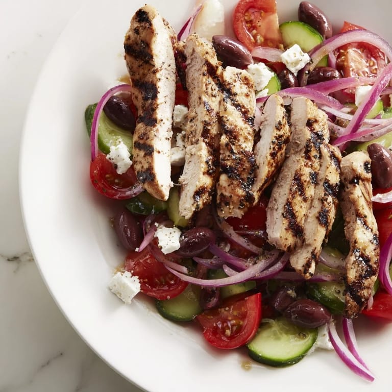 Close-up of a delicious Greek salad with grilled chicken, ideal for a healthy lunch idea.