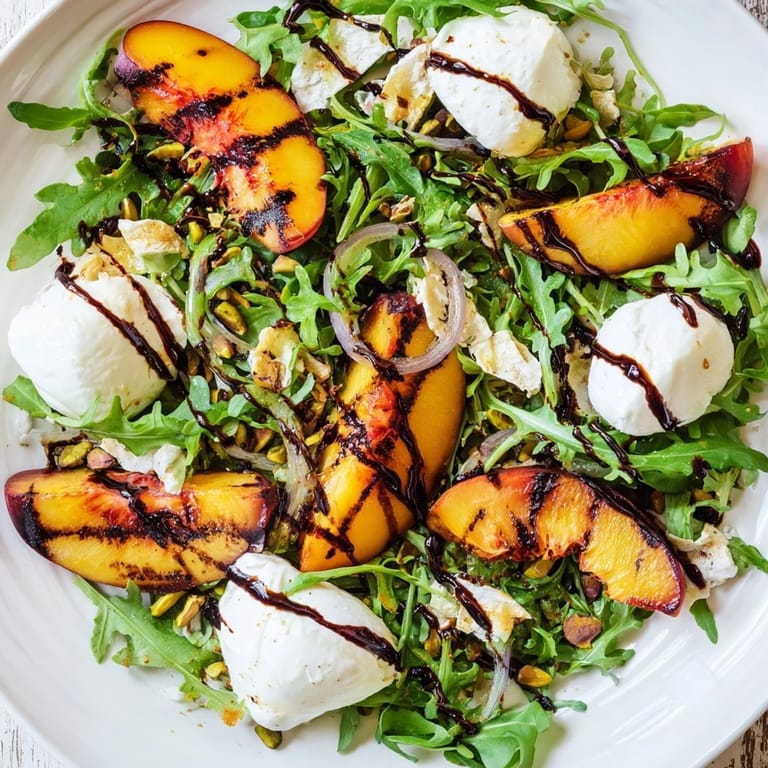 A close-up of a refreshing grilled peach salad with toasted nuts ready to enjoy.