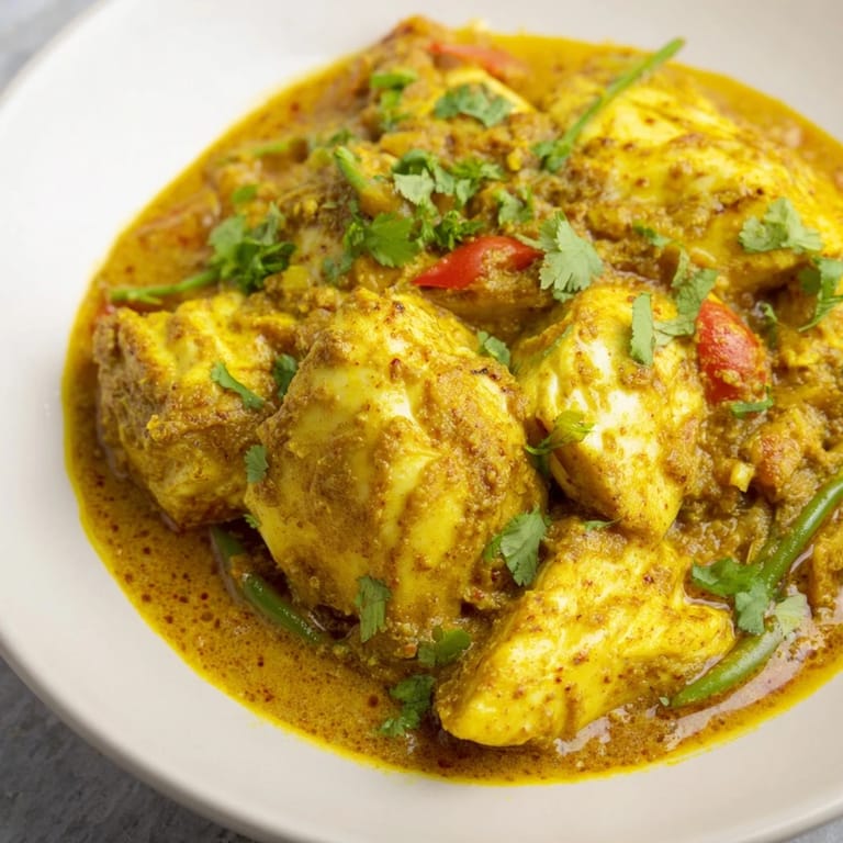 A steaming bowl of Bahraini Fish Curry, the coconut milk sauce clinging beautifully to the white fish.
