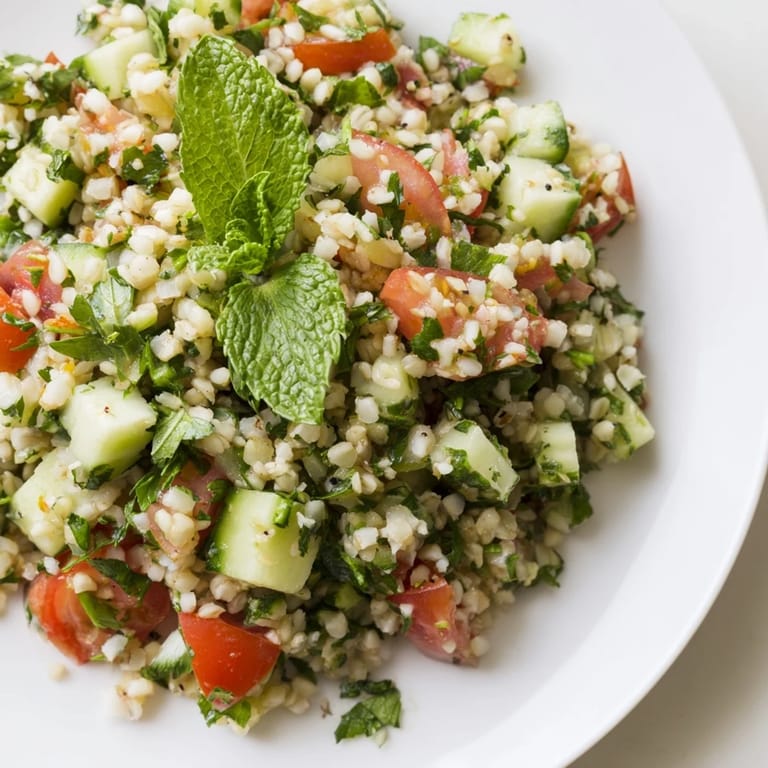 This colorful bowl of Lebanese Tabbouleh Salad features vibrant tomatoes and a zesty lemon dressing.
