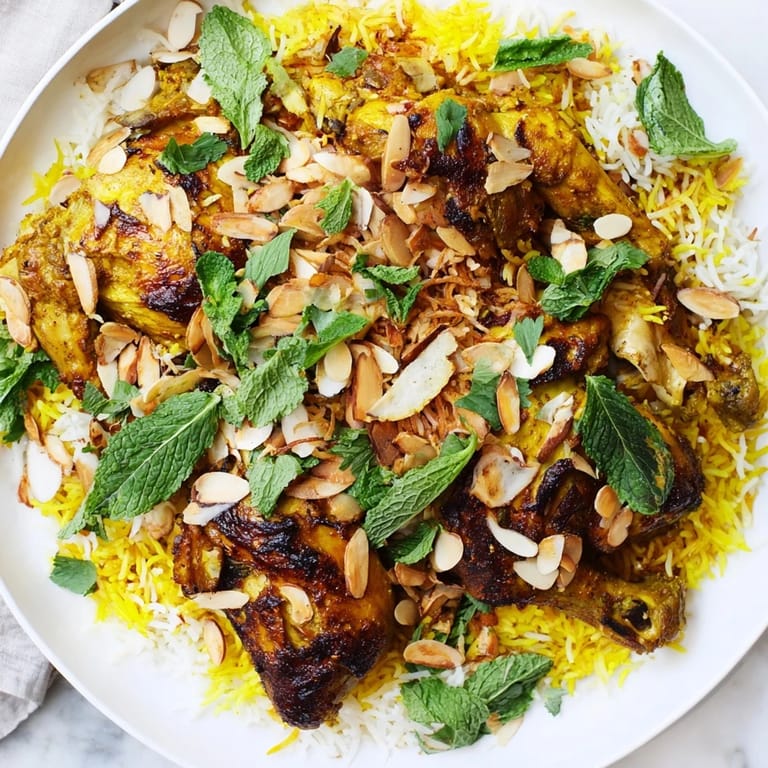 Fluffy, saffron-infused basmati rice beautifully tops a flavorful Kuwaiti Biryani, perfect for a special dinner.