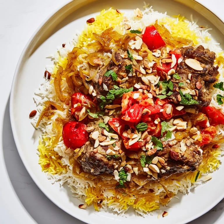 Fragrant Qatari Majboos is a beautiful dish: golden rice topped with succulent lamb pieces.