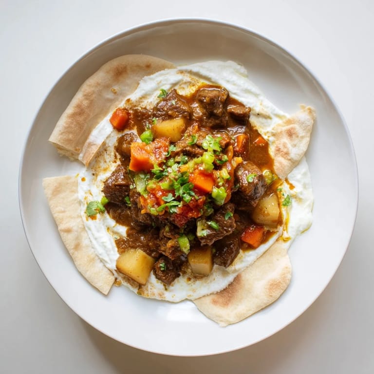 Flavorful Yemeni Saltah stew, a hearty, warm meat and vegetable dish topped with airy fenugreek.