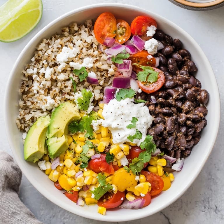 Hearty vegetarian brown rice burrito bowl served with sour cream, cilantro, and fresh lime wedges.  