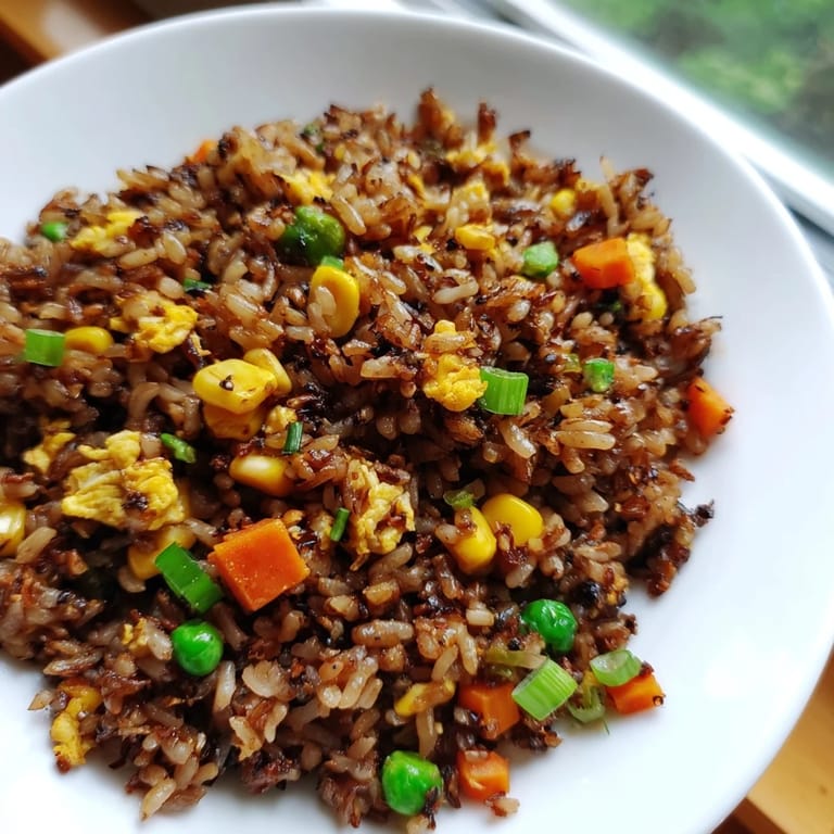 Sizzling skillet of aromatic black garlic fried rice, sesame oil, and tender mixed vegetables.