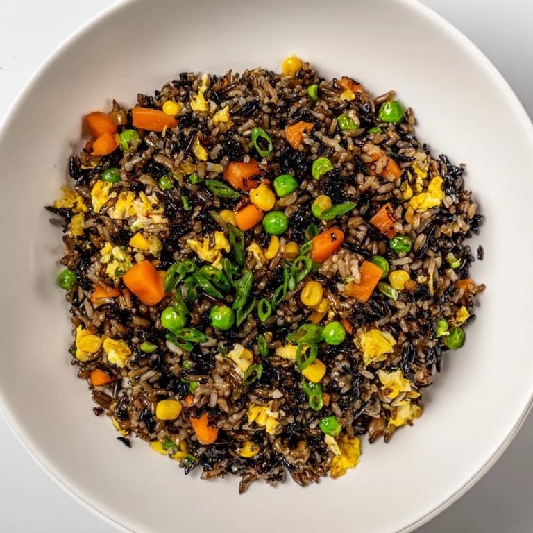 Golden, caramelized black garlic fried rice topped with scallions and a sunny-side-up egg.  