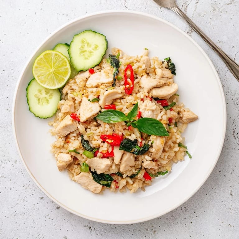 A close-up of fragrant Thai basil chicken fried rice, featuring tender chicken pieces, bell peppers, and a wok-seared texture.