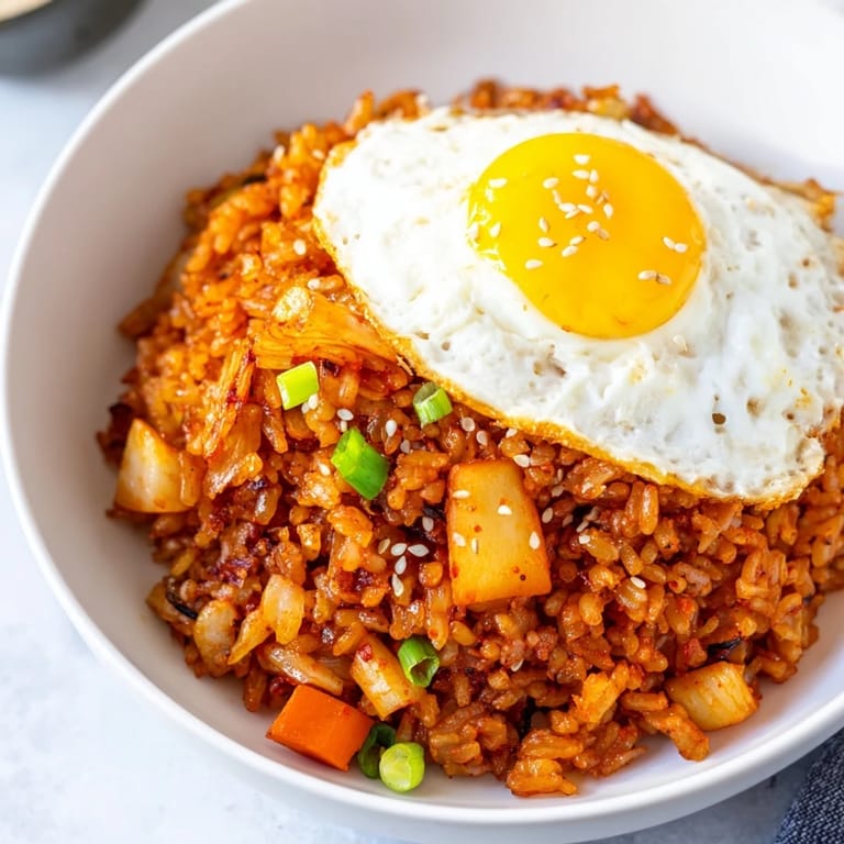 Colorful vegetarian Kimchi Fried Rice served in a white dish, garnished with sesame seeds and fresh green onions for a quick meal.