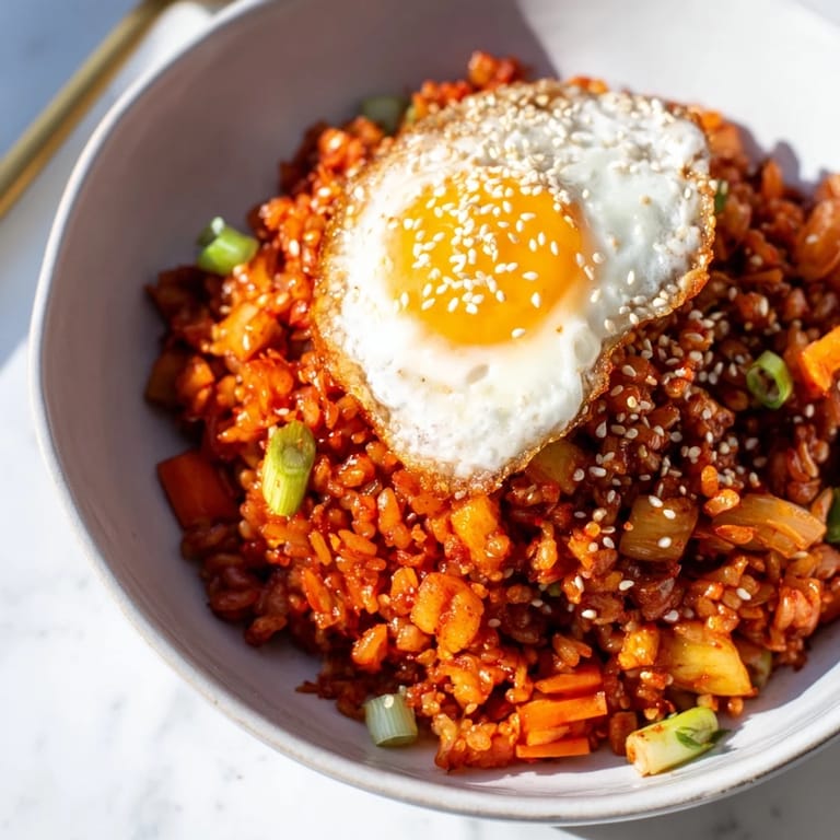 Steaming Kimchi Fried Rice sizzling in a hot wok, featuring chopped kimchi, carrots, and onions with a bright red gochujang sauce.  