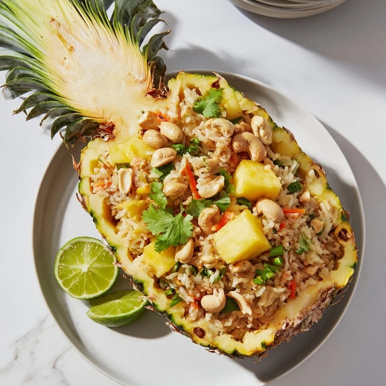 Colorful pineapple fried rice garnished with cilantro and lime wedges, steam rising from the vibrant Thai-inspired dish.  