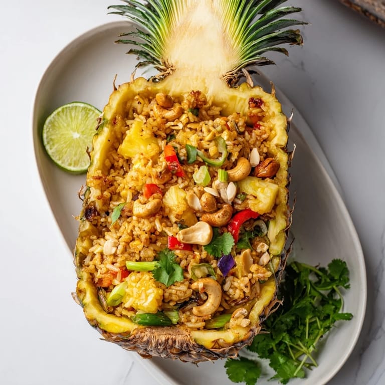 Savory pineapple fried rice with tender carrots, peas, and scallions, scooped from a carved pineapple shell.