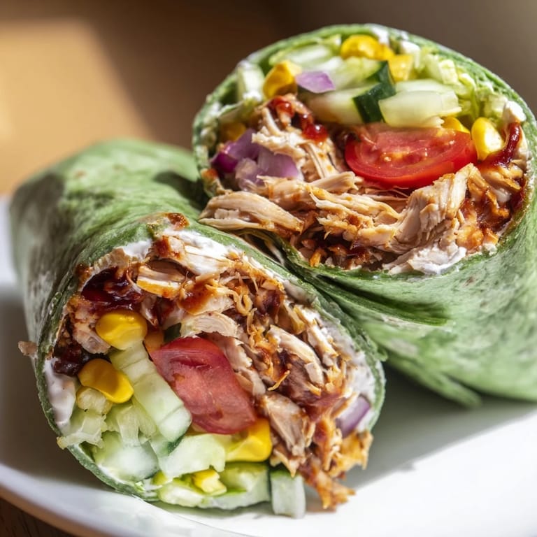 Two halves of a spinach tortilla wrap filled with BBQ chicken salad, showing juicy corn and cucumber peeking out from the edges.