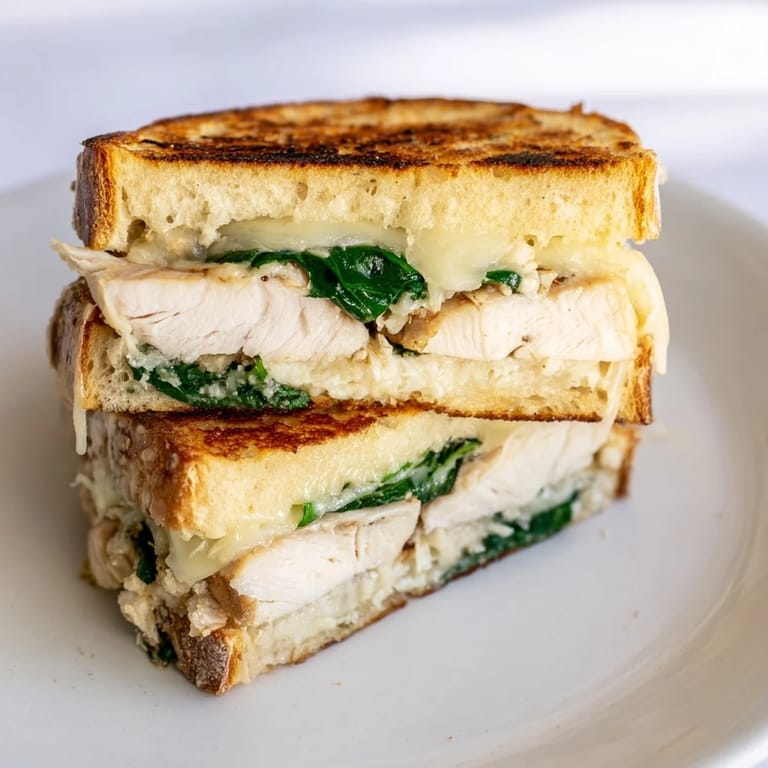 Rustic sourdough Grilled Chicken Spinach Panini on a marble counter, featuring golden bread, garlic butter, and savory layers.