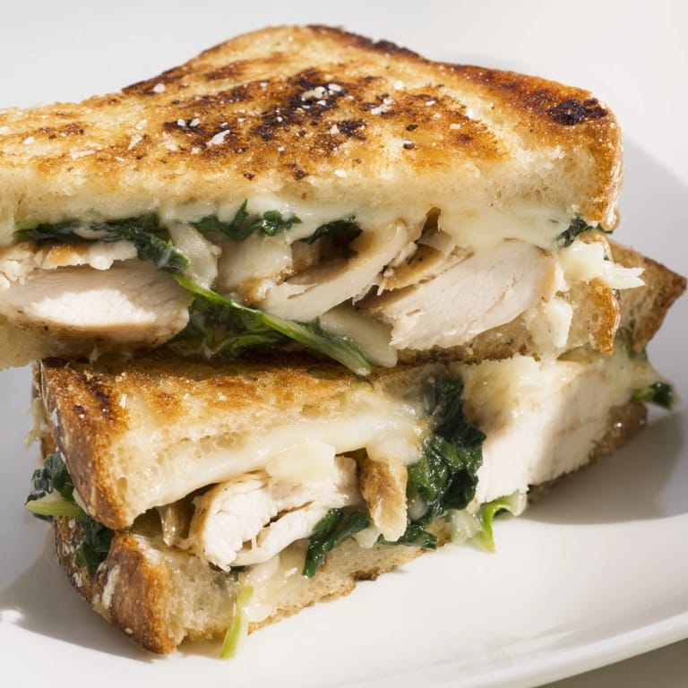 A warm Grilled Chicken Spinach Panini oozing cheese, served with a vibrant side salad for a fresh meal.