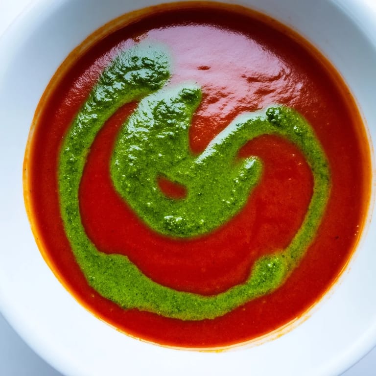 Velvety tomato soup topped with vibrant basil pesto, a comforting Italian-inspired meal for four.  