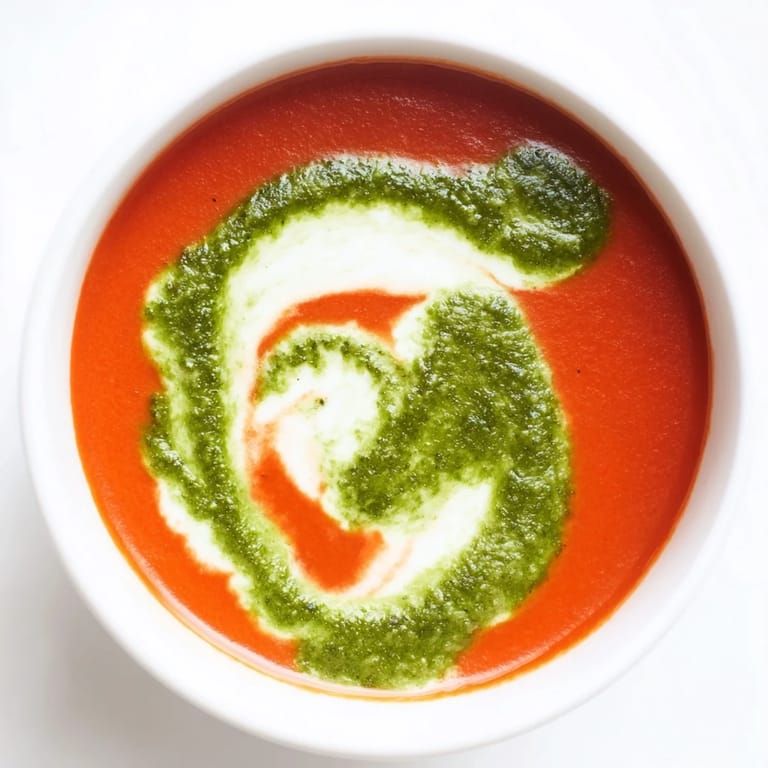Rich tomato soup finished with a fresh basil pesto swirl, ready in under 45 minutes.