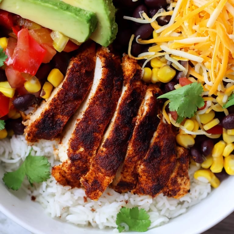 A hearty bowl of Spicy Chicken Burrito Bowl featuring seasoned chicken, rice, beans, corn, and avocado slices for a complete meal.