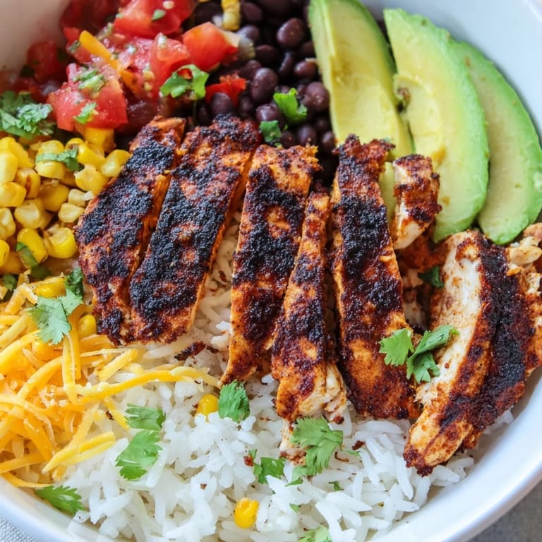 Close-up of a colorful Spicy Chicken Burrito Bowl with juicy grilled chicken, lime wedges, and melted cheese over a Tex-Mex spread.