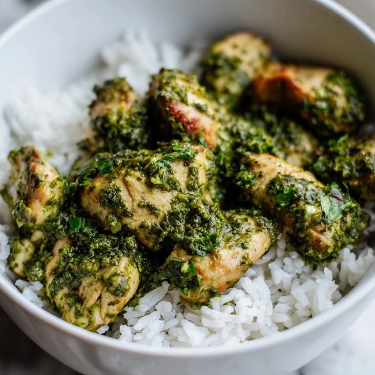 Quickly sautéed chicken coated in bright pesto is served over fluffy rice with colorful diced tomatoes and fresh basil.