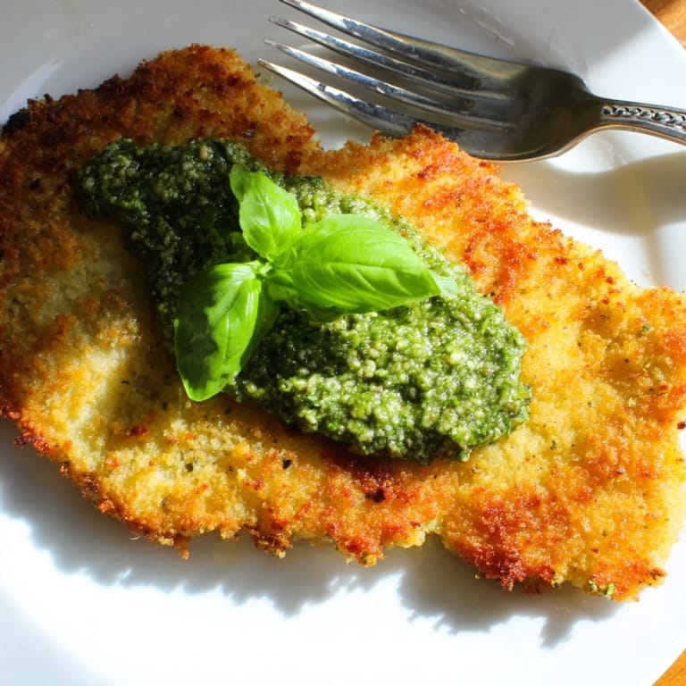 Sizzling, golden-brown Crispy Pesto Chicken Cutlets fresh from the skillet, garnished with fresh basil leaves.  