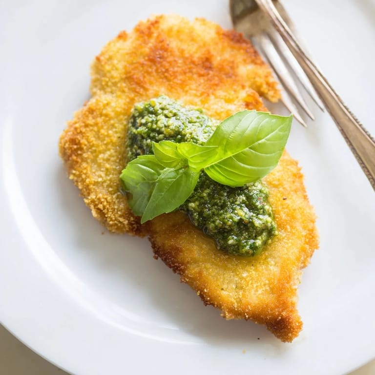 Juicy breaded chicken cutlets served with a dollop of pesto and lemon wedges for dinner.