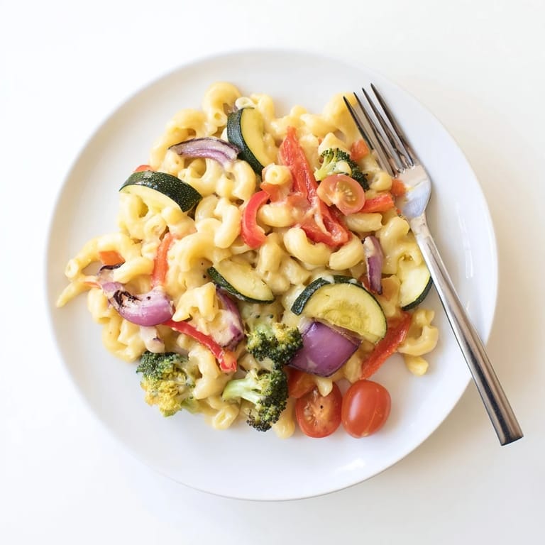 A hearty bowl of roasted veggie mac & cheese is garnished with extra Parmesan, showcasing tender elbow macaroni coated in a velvety sharp cheddar and mozzarella sauce.