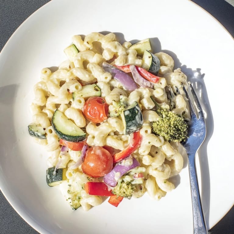 This comforting American-style roasted veggie mac & cheese features al dente pasta loaded with caramelized zucchini and tomatoes, served warm for a satisfying vegetarian main dish.
