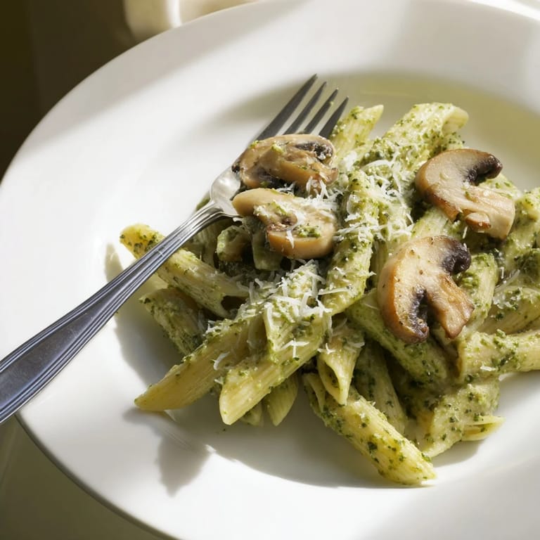 Golden sautéed mushrooms in a rich pesto cream sauce tossed with penne pasta in a skillet.