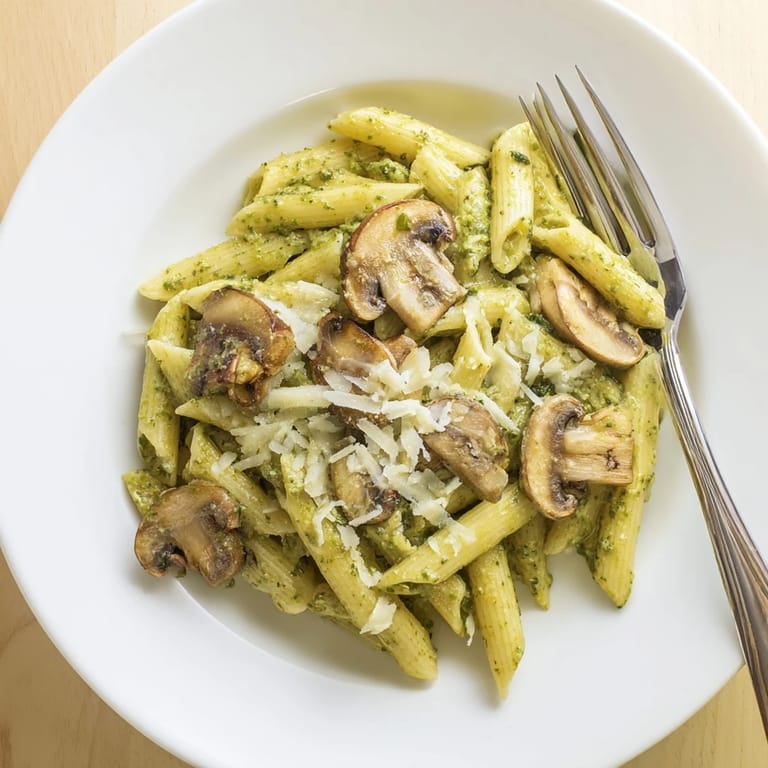 Serving suggestion for Mushroom Pesto Pasta, topped with extra Parmesan and served next to a glass of white wine.