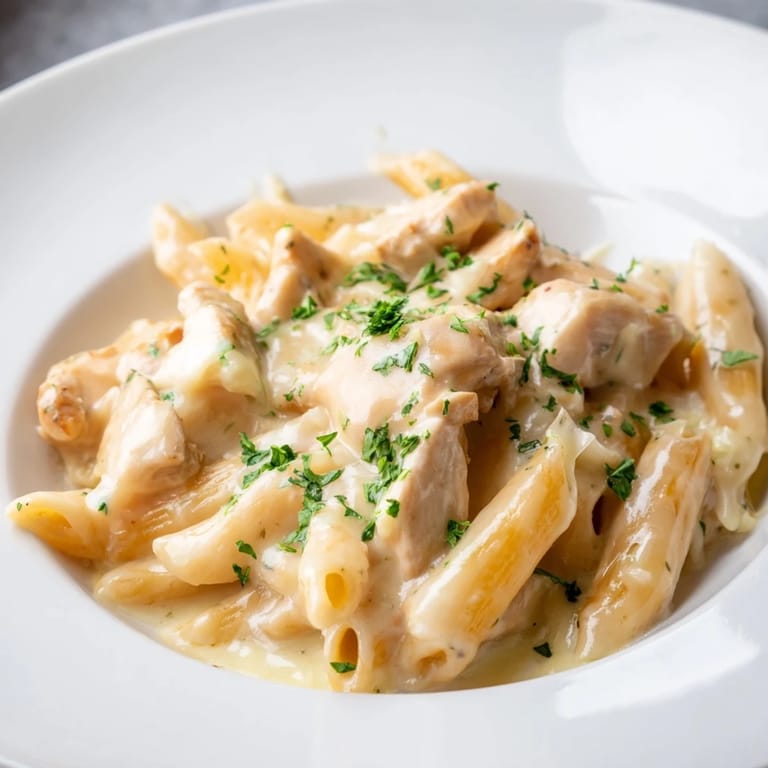 Fork lifting a bite of Roasted Garlic Chicken Penne from a white bowl, revealing silky roasted garlic cream sauce.  