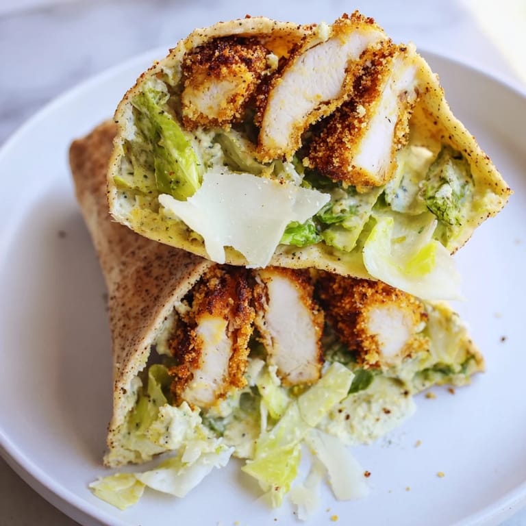 A close-up of golden-brown herbed chicken nestled in a toasted pita with creamy Caesar salad and lemon wedges.