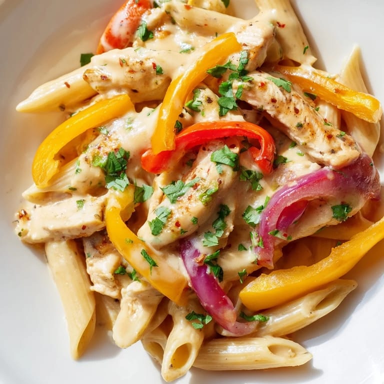 A serving of Fajita Chicken Pasta Skillet garnished with cilantro and jalapeños, perfect for a family dinner.