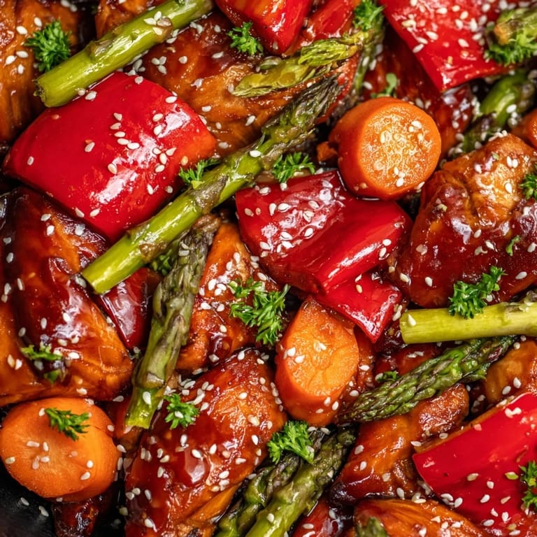 Colorful roasted veggies and tender chicken with a sweet-savory honey garlic glaze, garnished with parsley and sesame seeds on a sheet pan.