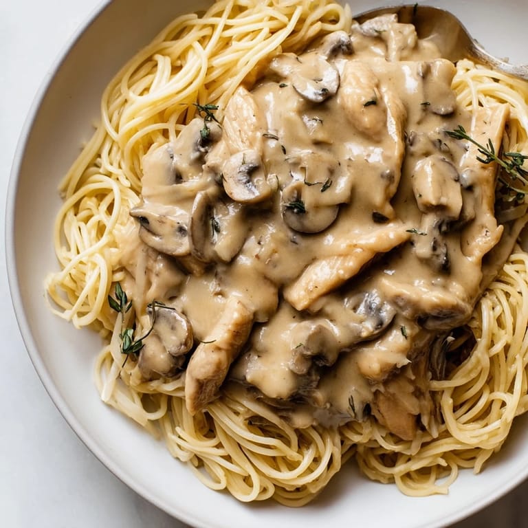 Golden-brown chicken and sautéed mushrooms tossed with spaghettini in a rich, creamy sauce, garnished with fresh parsley.