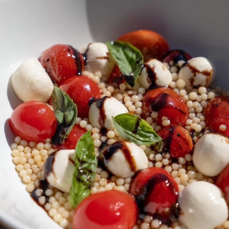 Spoonful of chilled Caprese Couscous Salad showing tender Israeli couscous, juicy tomato halves, mozzarella pearls, and glossy balsamic glaze on a rustic platter.