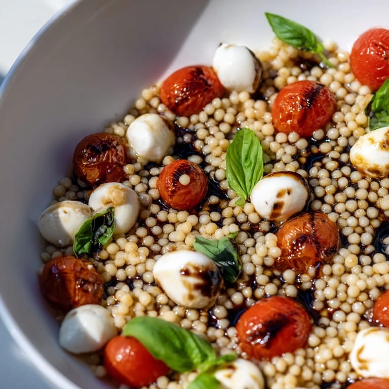 Vegetarian Caprese Couscous Salad served fresh, featuring glistening balsamic drizzle over herby couscous, cherry tomatoes, and mozzarella, ready for a summer picnic side.