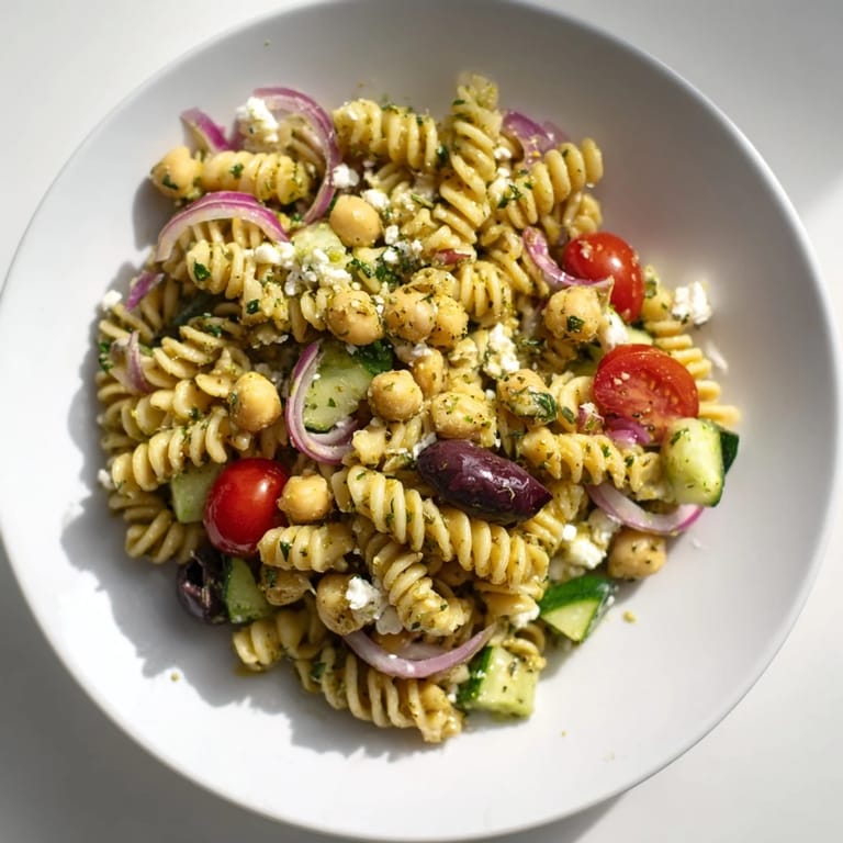 A vibrant bowl of Lemon Herb Chickpea Pasta Salad, garnished with dill and mint, ready for a summer picnic or quick lunch.  
