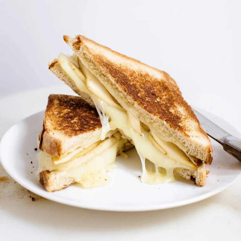 A close-up of a toasted sandwich with smoky Gouda, crisp apple slices, and melty cheese oozing between buttery bread.  